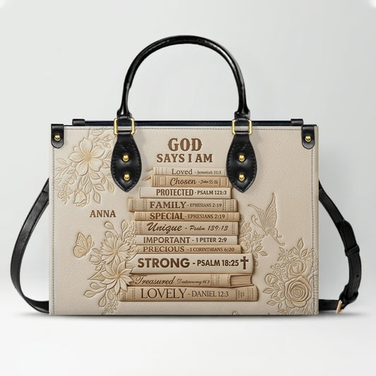 CHRISTIANARTBAG Personalized God Says I Am Leather Handbag - Custom Name Christian Bible Verse Stacked Books Tote Bag CAB01072226