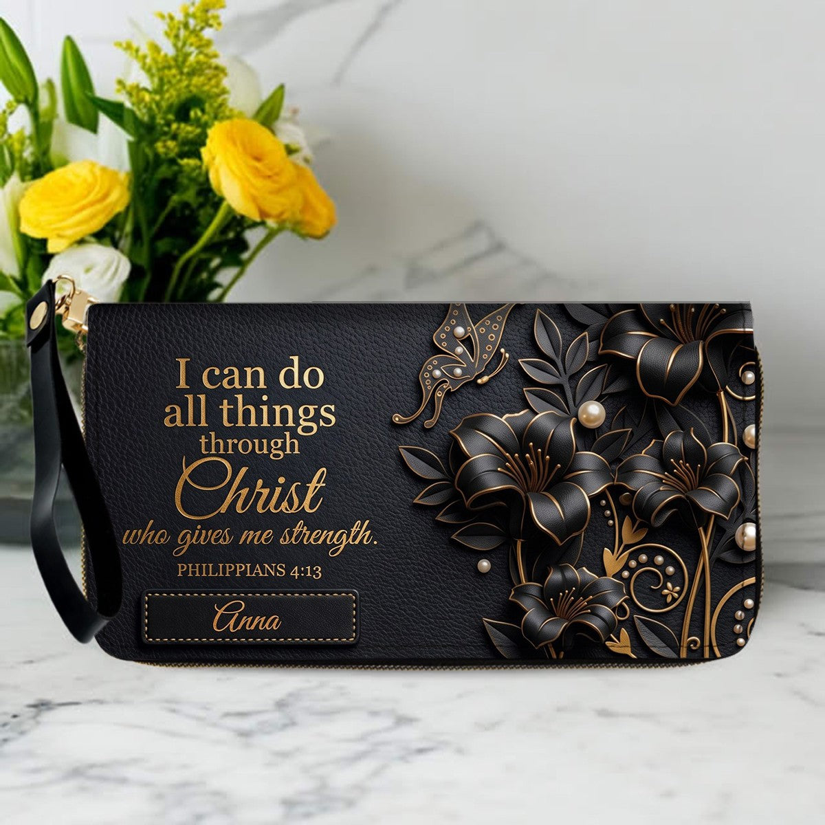 Personalized Leather Handbag - Custom Name Christian Bible Verse Philippians 4:13 Floral Butterfly Tote Bag | CHRISTIANARTBAG CA02100926