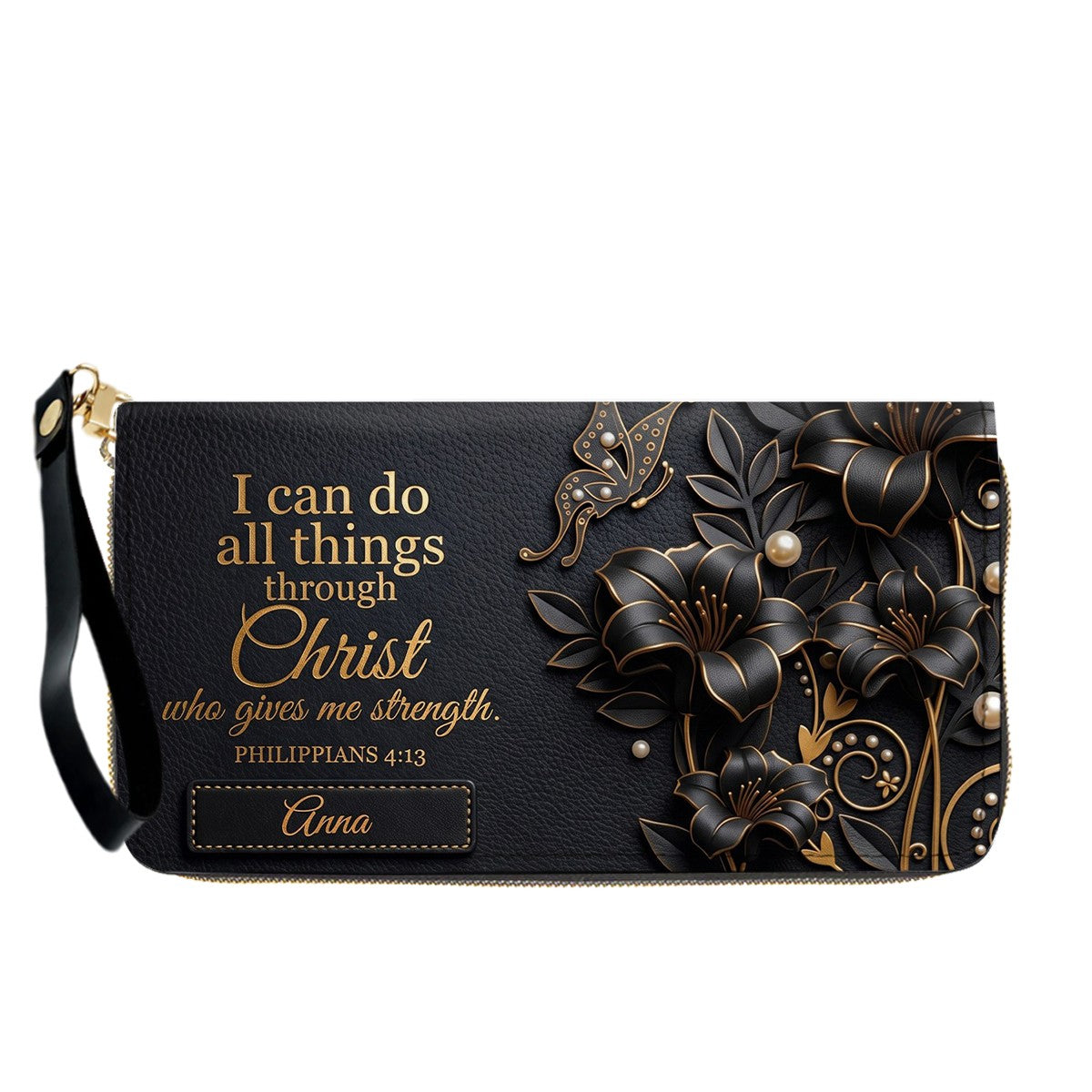 Personalized Leather Handbag - Custom Name Christian Bible Verse Philippians 4:13 Floral Butterfly Tote Bag | CHRISTIANARTBAG CA02100926