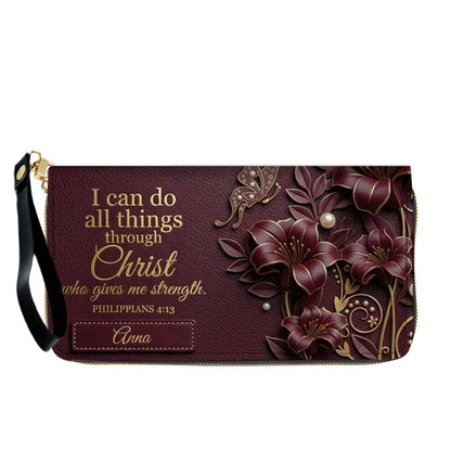 Personalized Leather Handbag - Custom Name Christian Bible Verse Philippians 4:13 Floral Butterfly Tote Bag | CHRISTIANARTBAG CA01101826