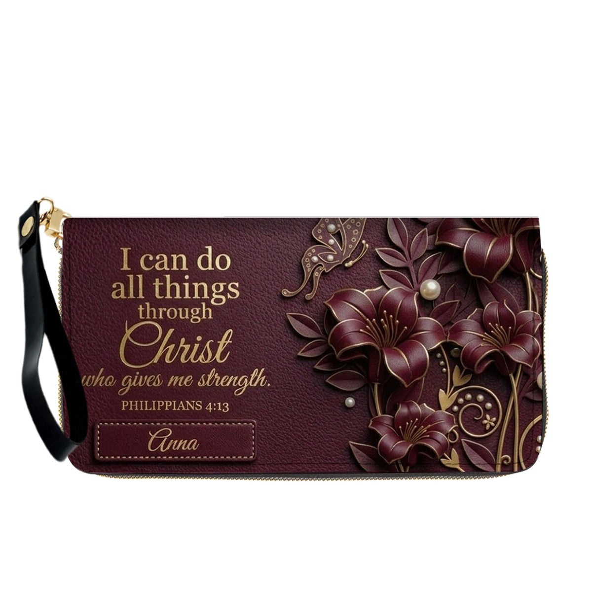 Personalized Leather Handbag - Custom Name Christian Bible Verse Philippians 4:13 Floral Butterfly Tote Bag | CHRISTIANARTBAG CA01100926
