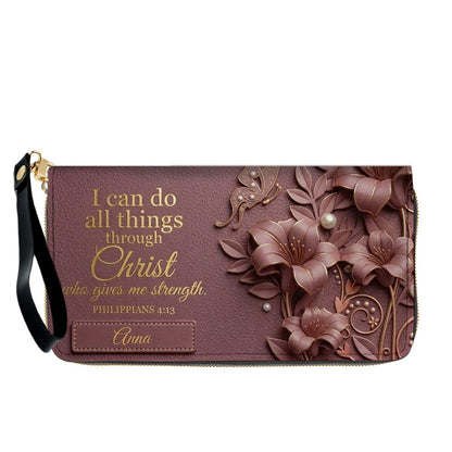 Personalized Leather Handbag - Custom Name Christian Bible Verse Philippians 4:13 Floral Butterfly Tote Bag | CHRISTIANARTBAG CA02100926