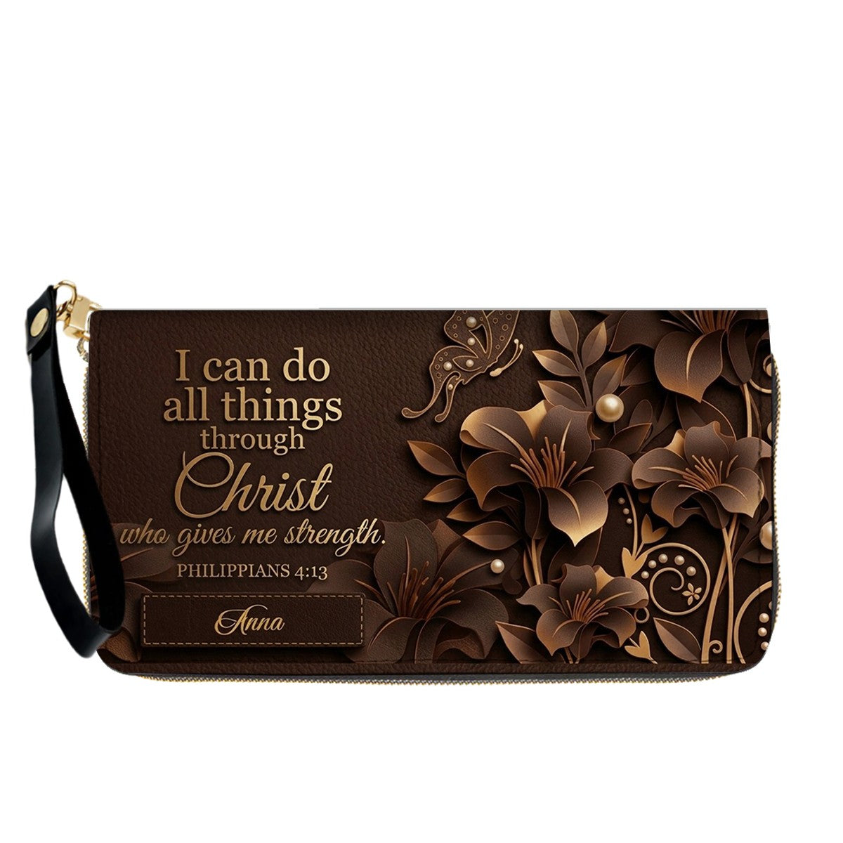 Personalized Leather Handbag - Custom Name Christian Bible Verse Philippians 4:13 Floral Butterfly Tote Bag | CHRISTIANARTBAG CA02100926