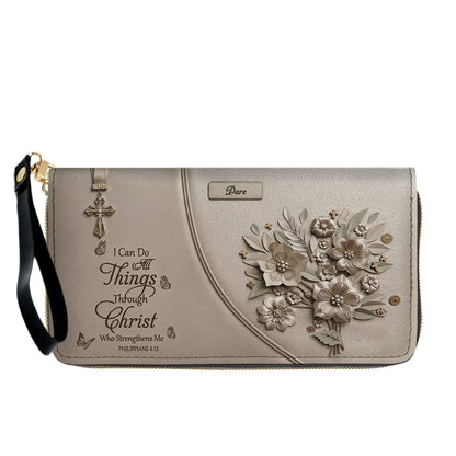 Custom Name Greige Leather Handbag | "I Can Do All Things Through Christ" Floral Design | CHRISTIANARTBAG 01070326