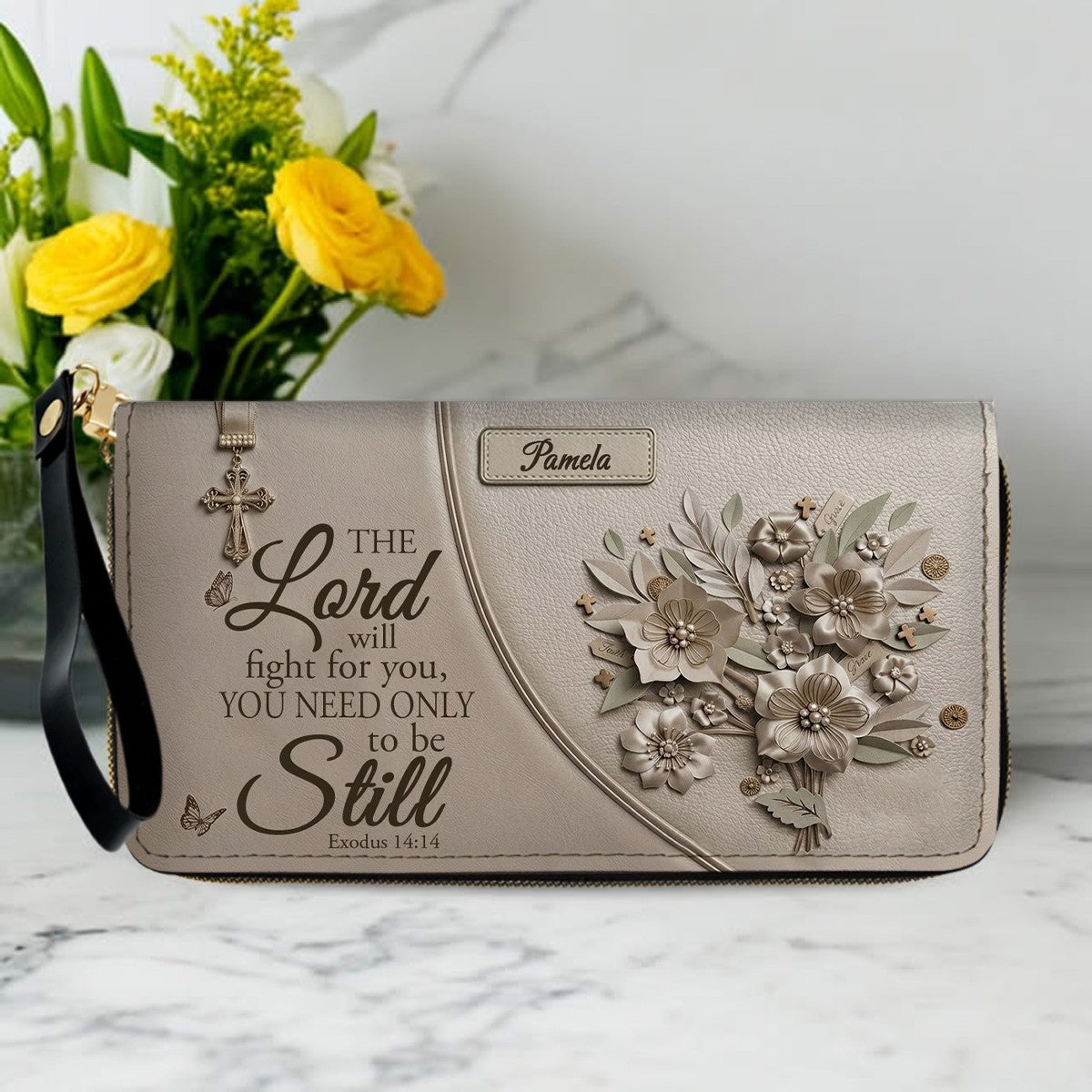 Personalized Bible Verse Leather Handbag, Custom Christian Tote Bag with Name & Exodus 14:14 - CHRISTIANARTBAG 01072626