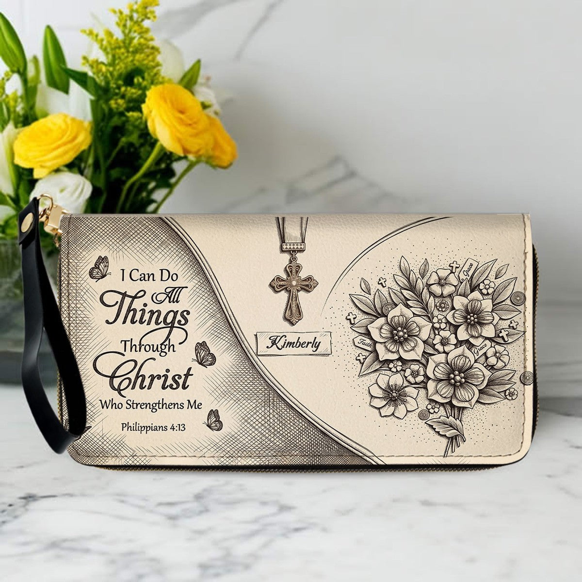 Custom Name Hand-Drawn Ink Sketch Leather Handbag | "I Can Do All Things Through Christ" Floral Design | CHRISTIANARTBAG 01070426