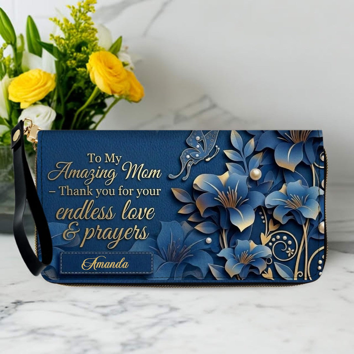 Personalized Mom Leather Handbag & Wallet Set – Custom Name Floral Butterfly Purse for Mother's Day Birthday Gift – CHRISTIANARTBAG CAB01100826