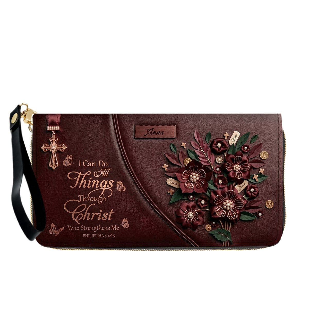 Custom Name Hand-Drawn Ink Sketch Leather Handbag | "I Can Do All Things Through Christ" Floral Design | CHRISTIANARTBAG 01070426