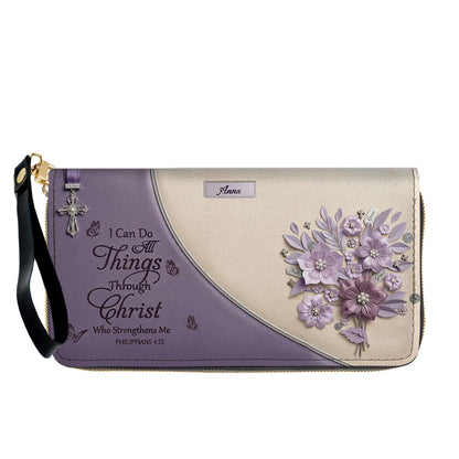 Custom Name Hand-Drawn Ink Sketch Leather Handbag | "I Can Do All Things Through Christ" Floral Design | CHRISTIANARTBAG 01070426