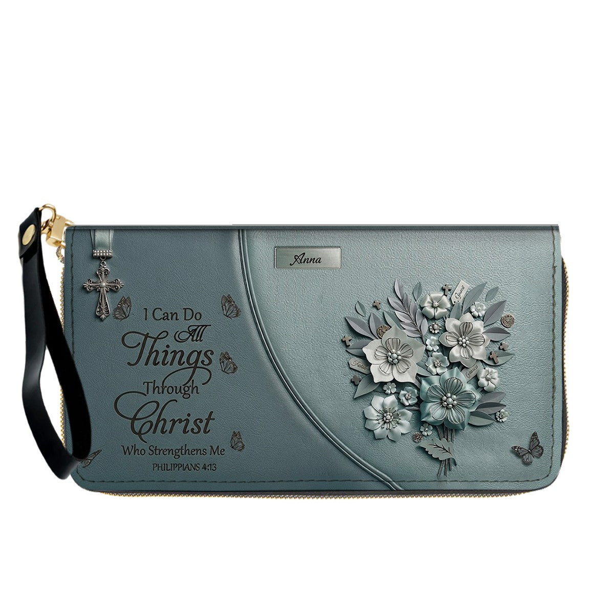 Custom Name Hand-Drawn Ink Sketch Leather Handbag | "I Can Do All Things Through Christ" Floral Design | CHRISTIANARTBAG 01070426