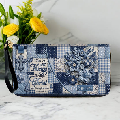 CHRISTIANARTBAG | Personalized Leather Handbag - Custom Name & Color Blue Patchwork Bible Verse Tote Bag Philippians 4 13