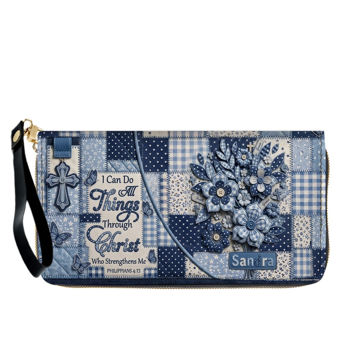 CHRISTIANARTBAG | Personalized Leather Handbag - Custom Name & Color Blue Patchwork Bible Verse Tote Bag Philippians 4 13