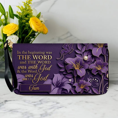 Custom Christian Leather Handbag with Name – John 1:1 Scripture Floral Purse | CHRISTIANARTBAG CA01100726