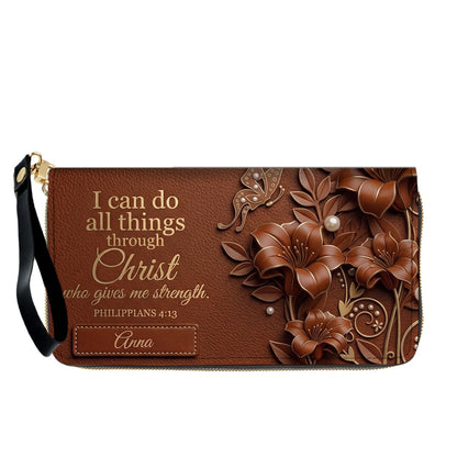 Personalized Leather Handbag - Custom Name Christian Bible Verse Philippians 4:13 Floral Butterfly Tote Bag | CHRISTIANARTBAG CA01100926