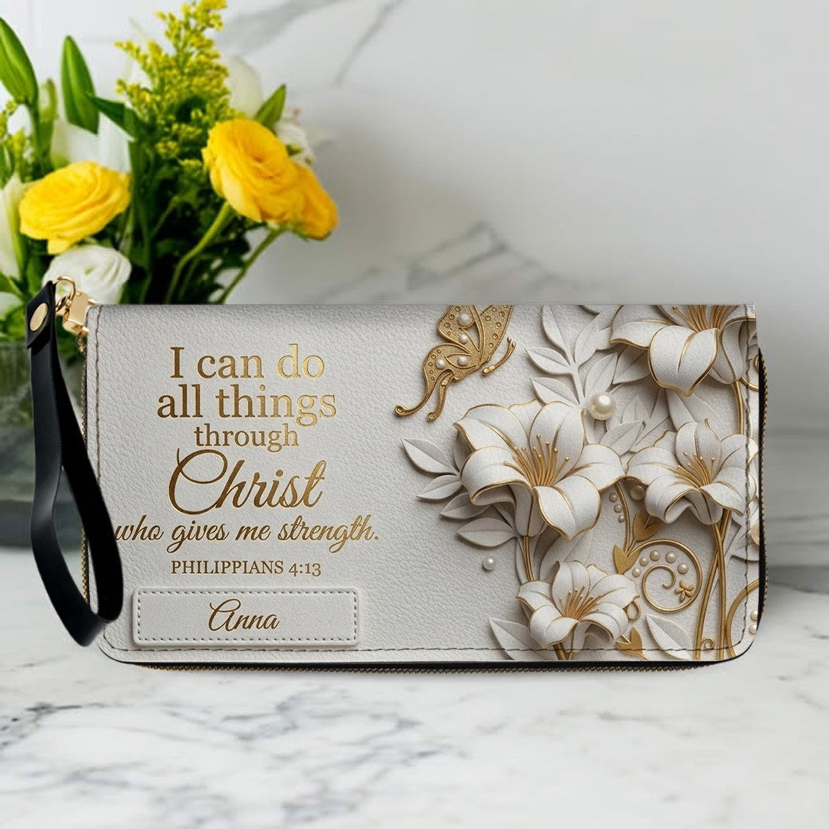 Personalized Leather Handbag - Custom Name Christian Bible Verse Philippians 4:13 Floral Butterfly Tote Bag | CHRISTIANARTBAG CA01101826