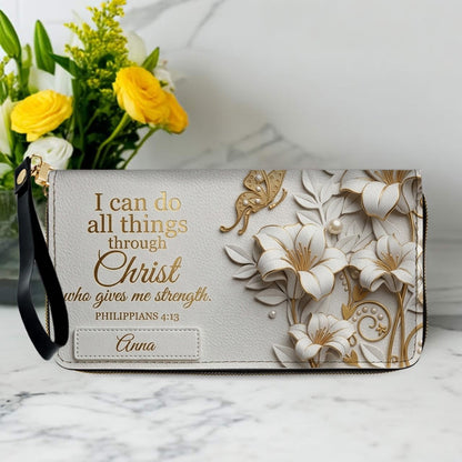 Personalized Leather Handbag - Custom Name Christian Bible Verse Philippians 4:13 Floral Butterfly Tote Bag | CHRISTIANARTBAG CA01100926