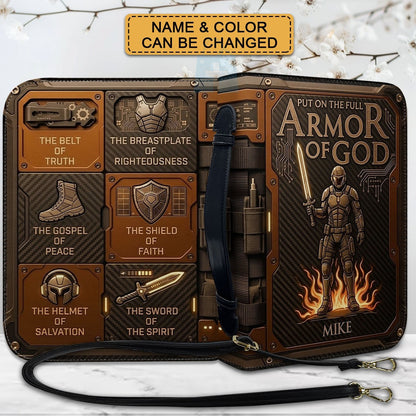 Personalized Bible Cover Armor of God | Custom Name Leather Bible Case with Handle | Christian Gift for Men Women | CHRISTIANARTBAG DARKGREY06060926