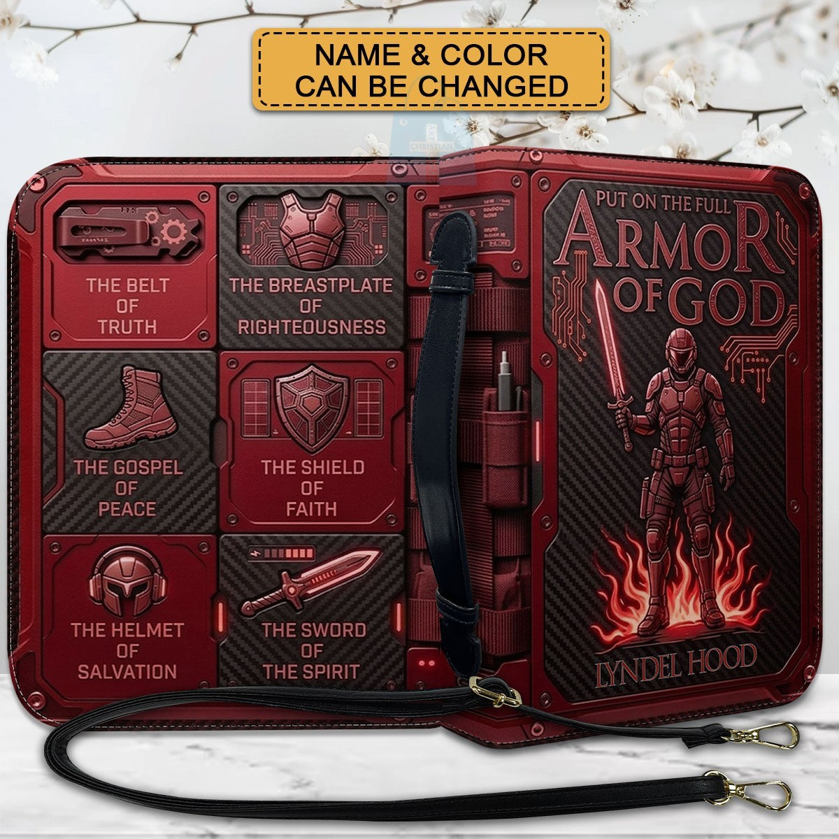 Personalized Bible Cover Cobalt Blue Armor of God | Custom Name Leather Bible Case with Handle | Christian Gift for Men Women | CHRISTIANARTBAG 01061826