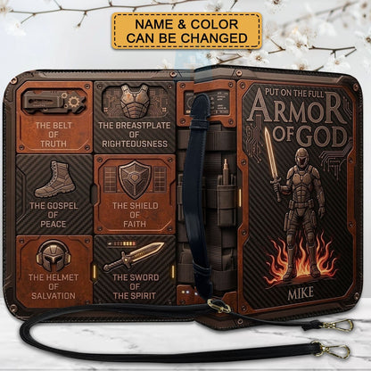 Personalized Bible Cover Cobalt Blue Armor of God | Custom Name Leather Bible Case with Handle | Christian Gift for Men Women | CHRISTIANARTBAG 01061826