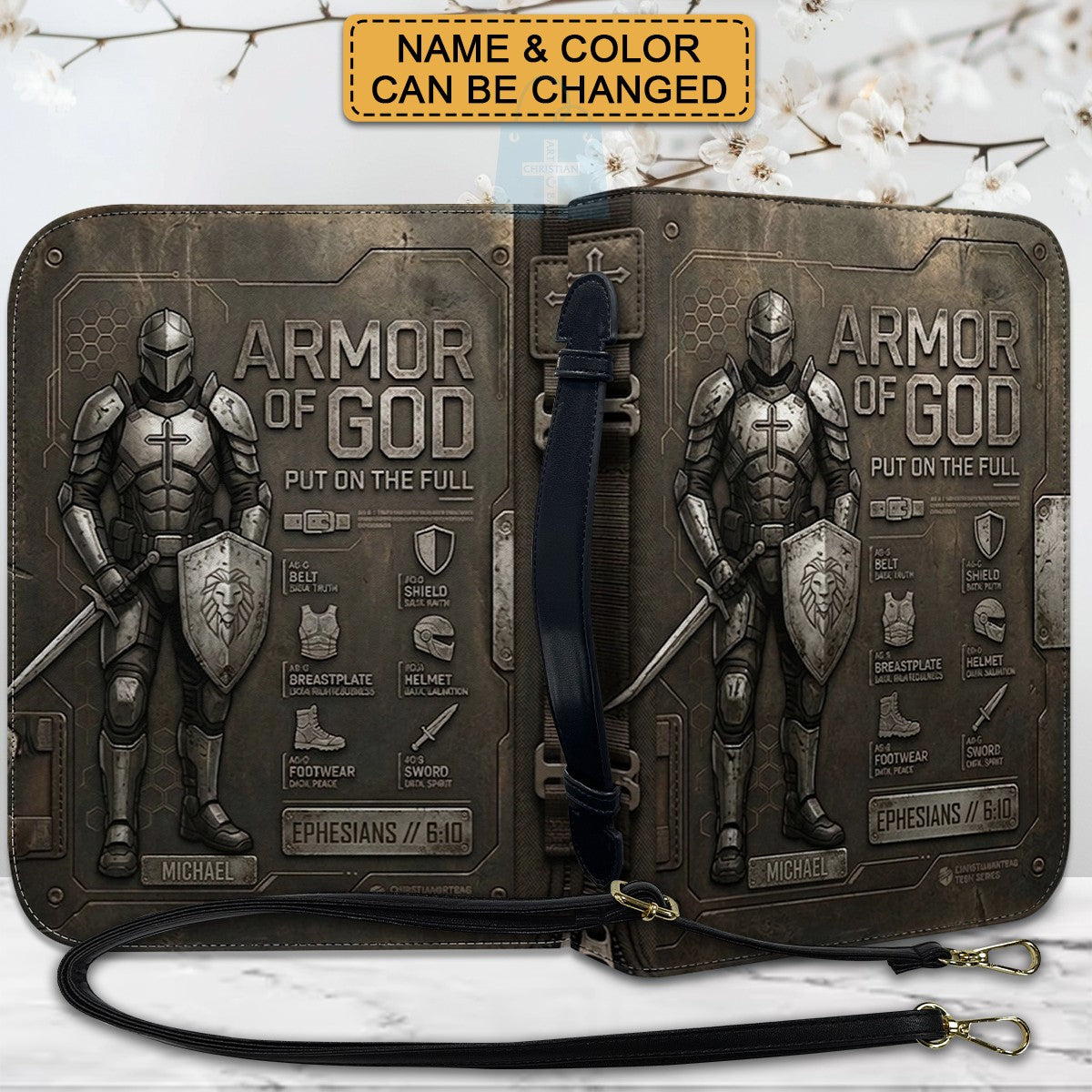 CHRISTIANARTBAG Personalized Armor of God Bible Cover for Men | Custom Name Ephesians 6:10 Leather Bible Case with Handle & Strap | Tech-Series Midnight Bishop Knight Gift CAB01062926