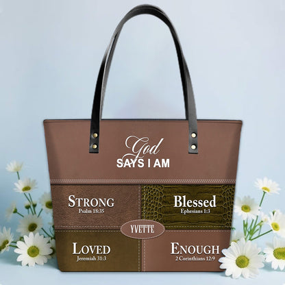 Personalized “God Says I Am” Luxury Leather TOTE Bag for Christian Women – Custom Name & Color | CHRISTIANARTBAG