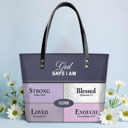 Personalized “God Says I Am” Luxury Leather TOTE Bag for Christian Women – Custom Name & Color | CHRISTIANARTBAG
