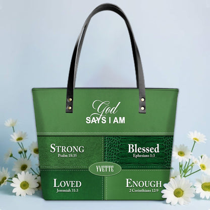 Personalized “God Says I Am” Luxury Leather TOTE Bag for Christian Women – Custom Name & Color | CHRISTIANARTBAG