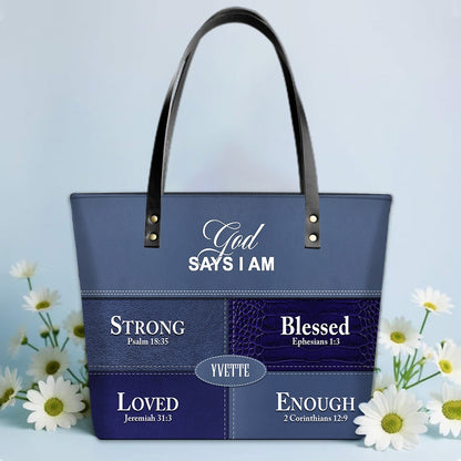 Personalized “God Says I Am” Luxury Leather TOTE Bag for Christian Women – Custom Name & Color | CHRISTIANARTBAG