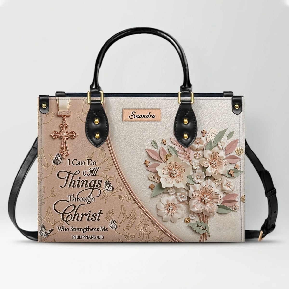 Custom Name Christian Leather Handbag by CHRISTIANARTBAG | I Can Do All Things Shoulder Bag, Religious Floral Gift for Her CAB01070126