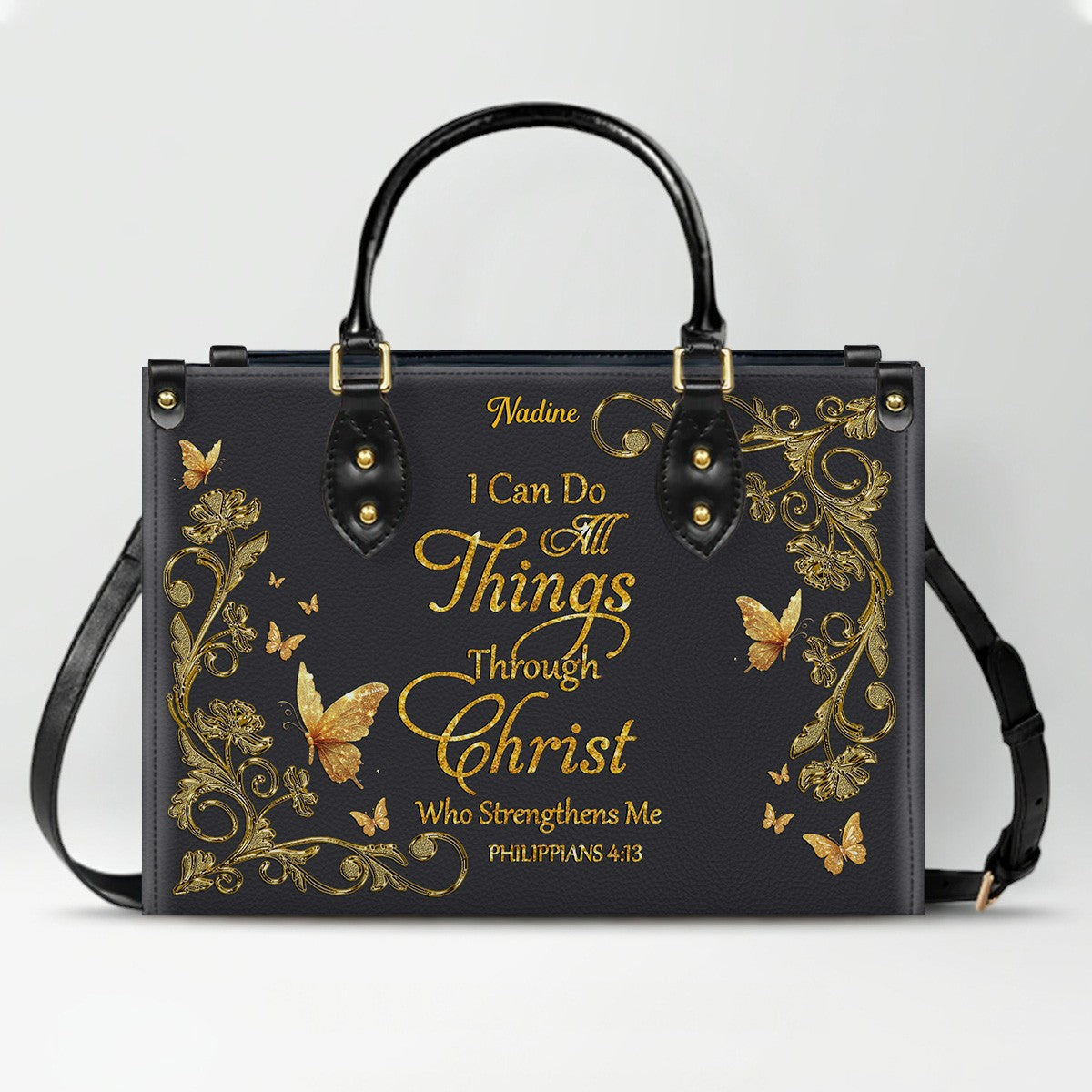 Personalized Christian Leather Handbag - Custom Name Bible Verse Tote Bag - Floral Butterfly Embossed Satchel - Luxury Boho Gift for Christian Women - CHRISTIANARTBAG