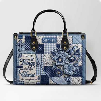 CHRISTIANARTBAG | Personalized Leather Handbag - Custom Name & Color Blue Patchwork Bible Verse Tote Bag Philippians 4 13