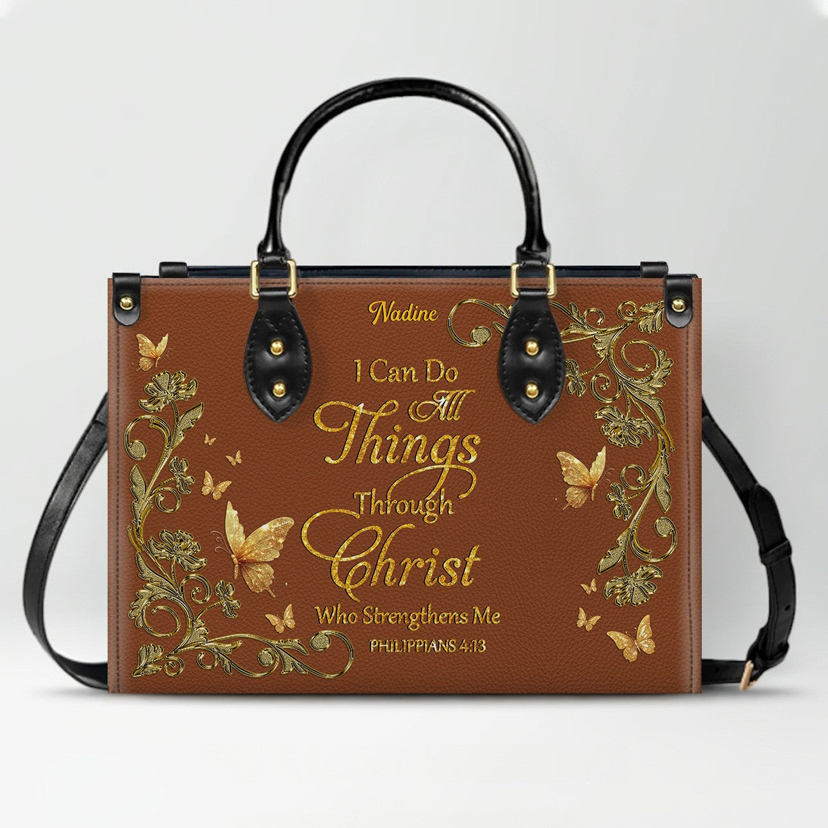Personalized Christian Leather Handbag - Custom Name Bible Verse Tote Bag - Floral Butterfly Embossed Satchel - Luxury Boho Gift for Christian Women - CHRISTIANARTBAG