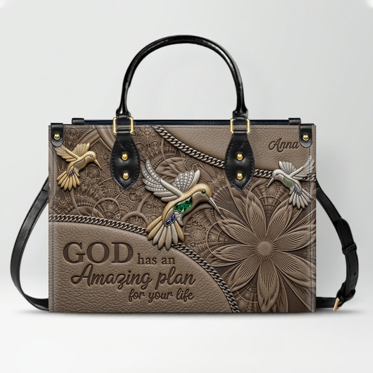 CHRISTIANARTBAG Personalized Leather Handbag - God Has An Amazing Plan For Your Life Hummingbird Floral Bag CAB01100326