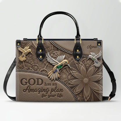 CHRISTIANARTBAG Personalized Leather Handbag - God Has An Amazing Plan For Your Life Hummingbird Floral Bag CAB01100326