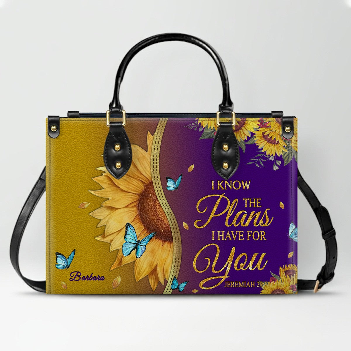 Personalized Philippians 4:13 Sunflower Leather Tote Bag - Custom Name Christian Gift for Women - Inspirational Bible Verse Satchel - Faith Based Handbag