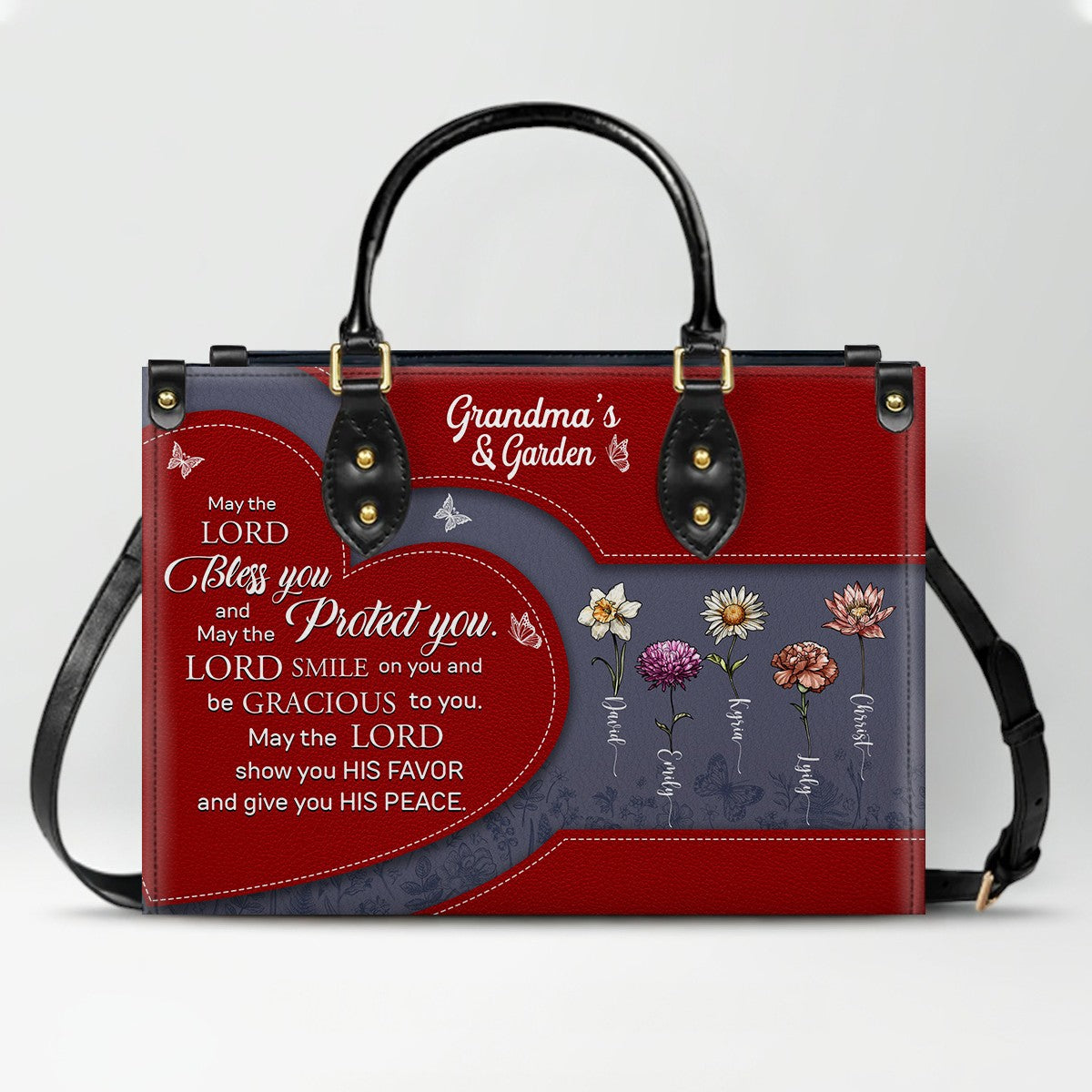 CHRISTIANARTBAG | Personalized Leather Handbag Tote | "Be Still & Know" Bible Verse Grandma's Garden | Custom Birth Month Flower Gift