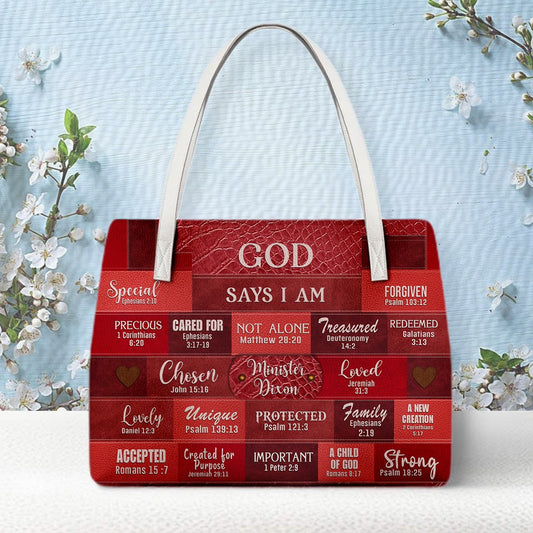 Personalized Christian Handbag – God Says I Am Leather Tote with Custom Name & Color | CHRISTIANARTBAG