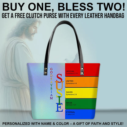Uncover the sacred meaning of your name - Personalized Leather TOTE Bag Luxury – Free Clutch Purse Gift | CHRISTIANARTBAG
