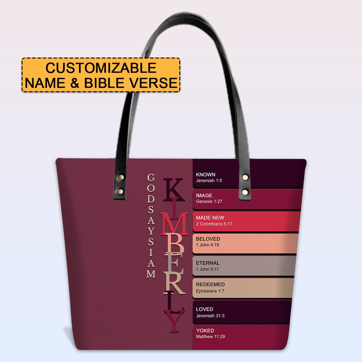 Personalized Leather Tote Bag with Bible Verses – Uncover the sacred meaning of your name – Custom Faith-Inspired Handbag | CHRISTIANARTBAG Leather TOTE Bag