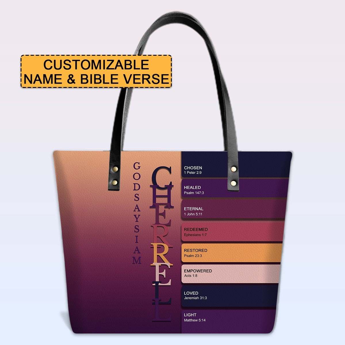 Personalized Leather Tote Bag with Bible Verses – Uncover the sacred meaning of your name – Custom Faith-Inspired Handbag Gradient Color | CHRISTIANARTBAG Leather TOTE Bag