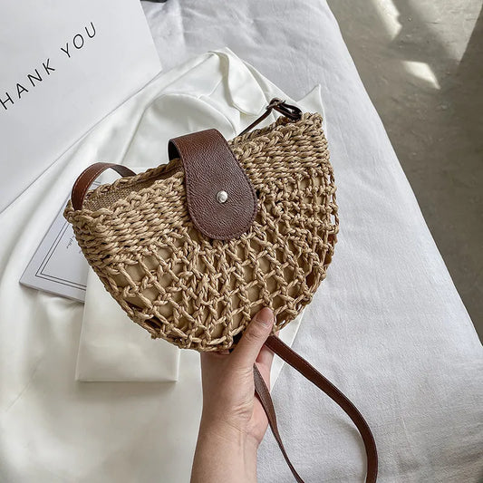 Christianartbag Handmade Bag, Summer & Autumn Straw Bag For Women Fashion Semicircle Crossbody Bags Rattan Handmade Messenger Handbag Travel Beach Bags Tote, CABHMB05141023. - Christian Art Bag