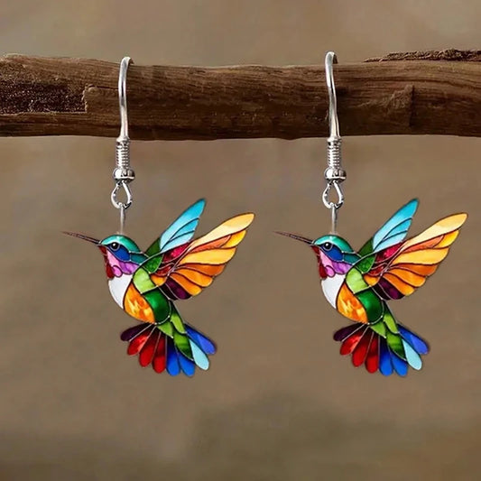 Colorful Hummingbird Drop Earrings - Stained Glass Style Bird Dangle Earrings for Women, Retro Fashion Jewelry Gift