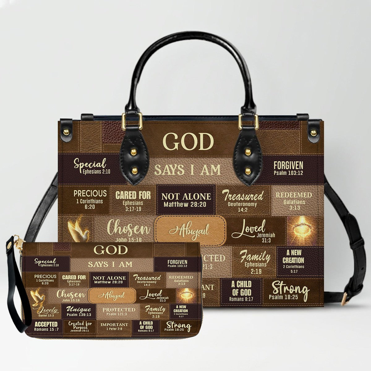 Personalized Leather Handbag & Long Wallet Set – GOD Says I Am Christian Gift for Women