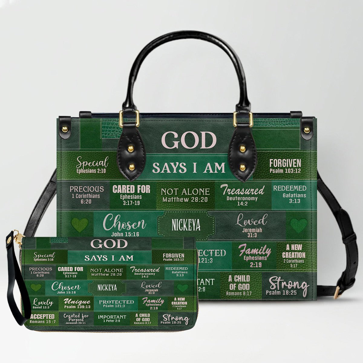 Personalized Leather Handbag & Long Wallet Set – GOD Says I Am Christian Gift for Women