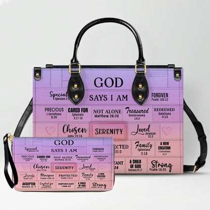 Personalized Leather Handbag & Long Wallet Set – GOD Says I Am Christian Gift for Women