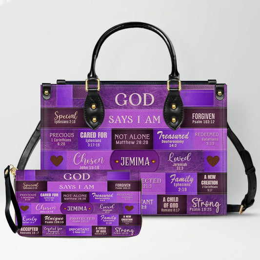 Personalized Leather Handbag & Long Wallet Set – GOD Says I Am Christian Gift for Women