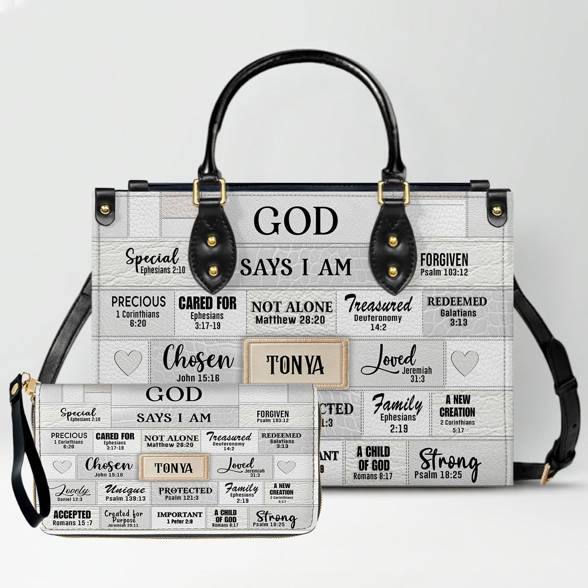 Personalized Leather Handbag & Long Wallet Set – GOD Says I Am Christian Gift for Women