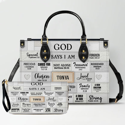 Personalized Leather Handbag & Long Wallet Set – GOD Says I Am Christian Gift for Women