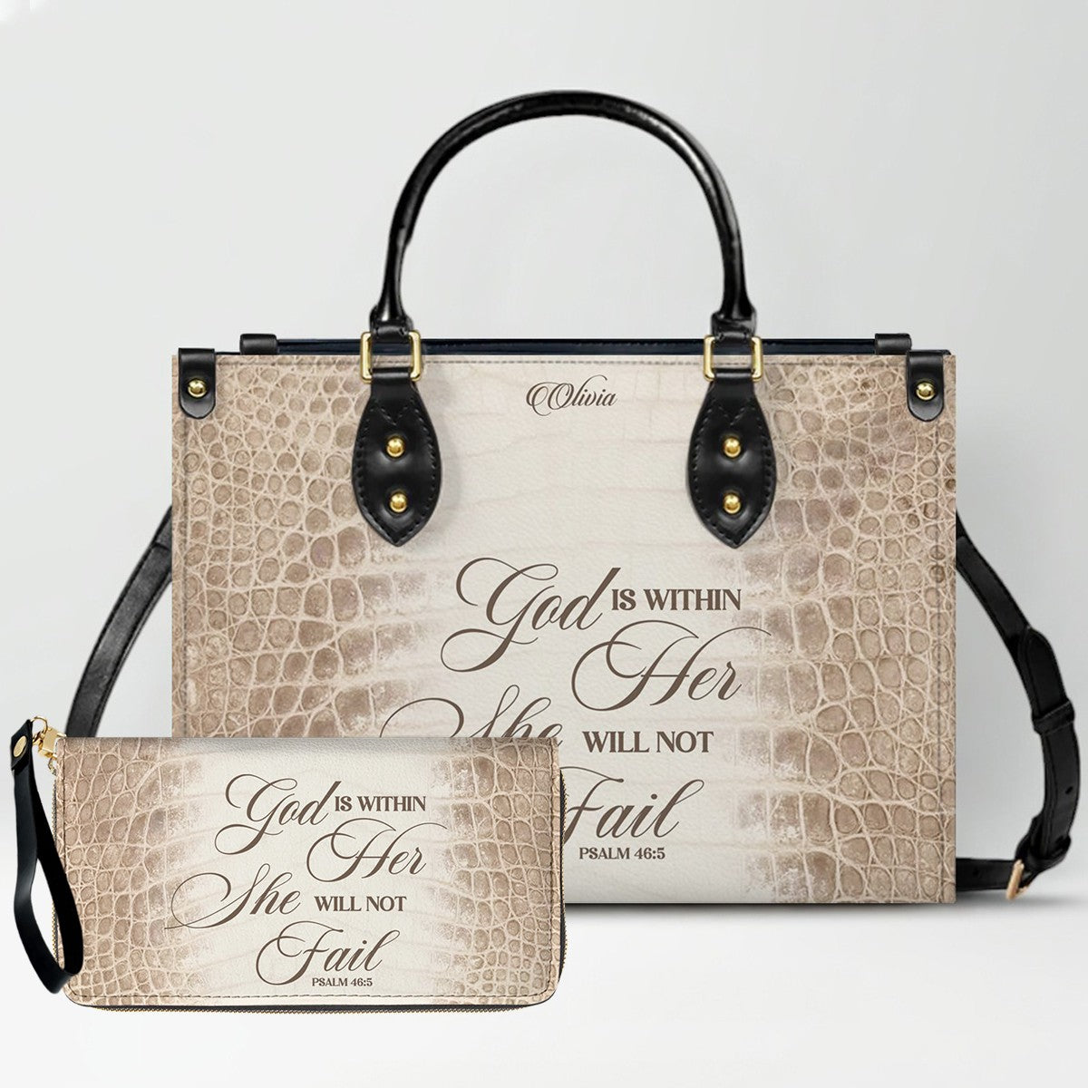 Personalized Christian Leather Handbag & Long Wallet Set – Custom Bible Verse Gift for Women