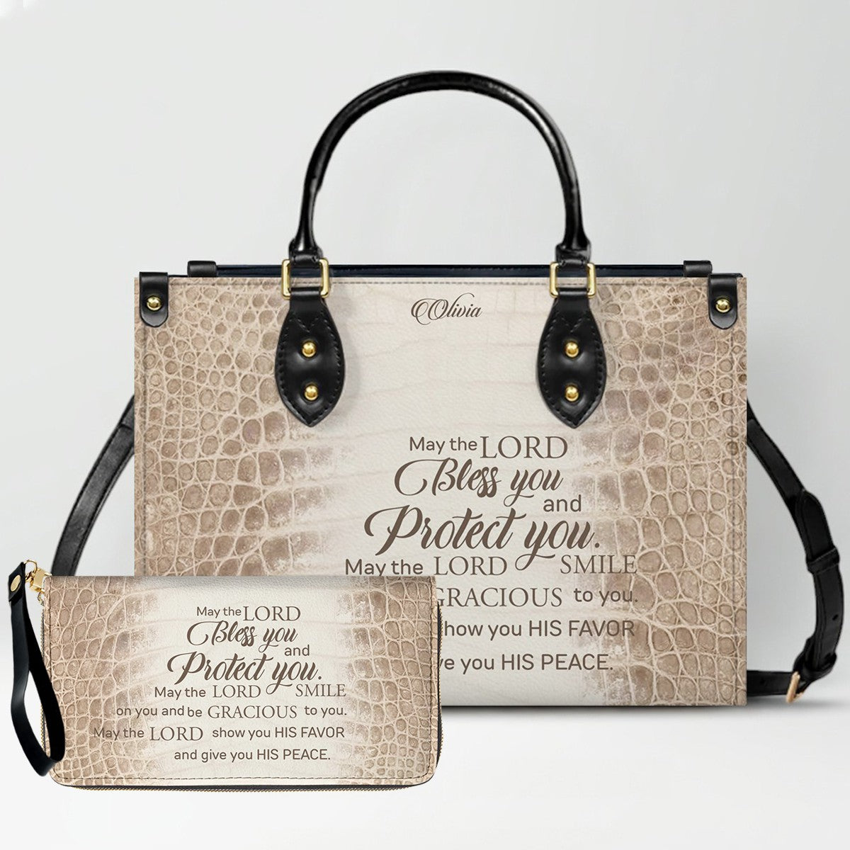 Personalized Christian Leather Handbag & Long Wallet Set – Custom Bible Verse Gift for Women